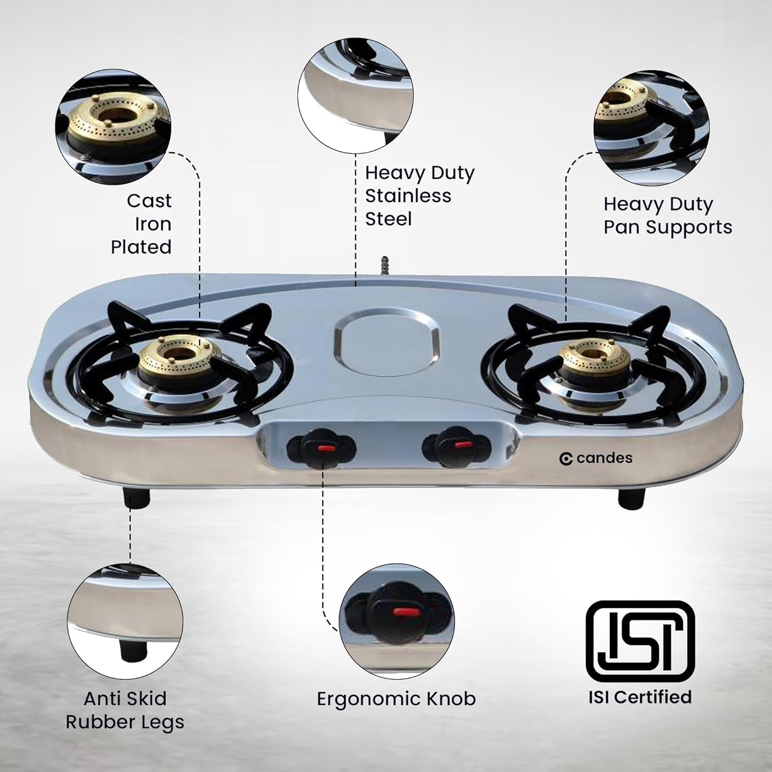 Candes Stainless Steel 2 Burner Manual Oval Gas Stove |Die Cast Alloy Tornado Burner | Gas stove 2 burners Steel |LPG Compatible |ISI Certified | Door Step Service,300 Days Warranty| Pack of 2