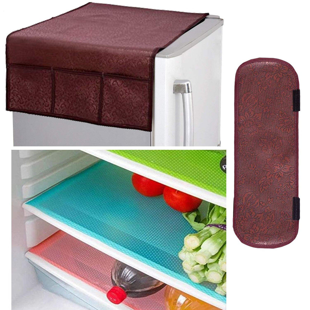 Kuber Industries PVC 3 Pieces Fridge Mats, 1 Piece Handle Cover and 1 Piece Fridge Top Cover (Maroon), CTKTC013915