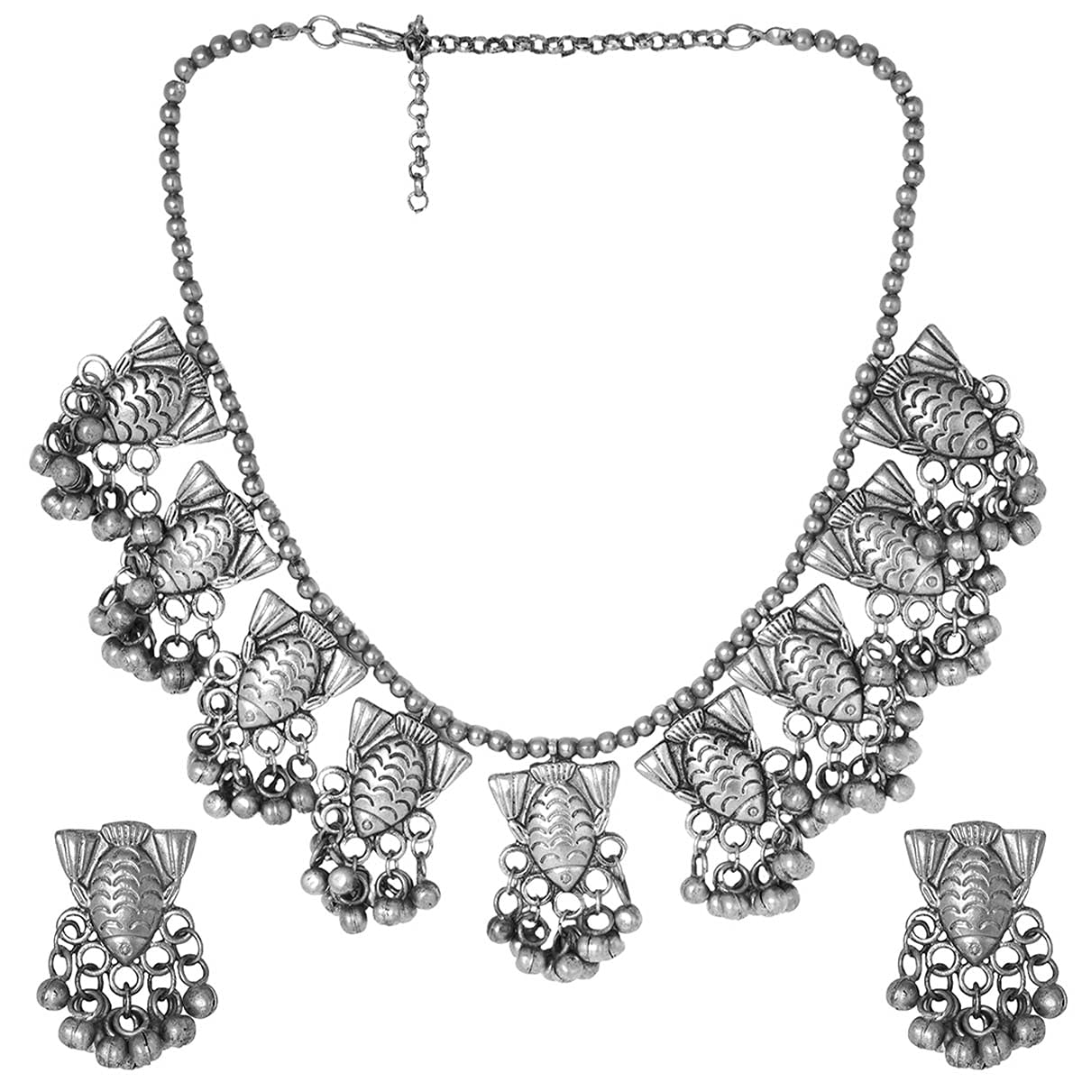 TEEJH Meen Silver Oxidised Necklace Set for Women