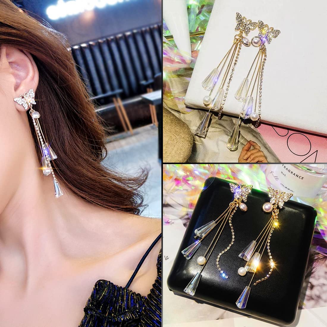 Yellow Chimes Women and Girls Fashion Gold Crystal Stoned Long Dangler Earring with Hanging Pearls Butterfly Shaped Western Dangler Accessories Jewellery