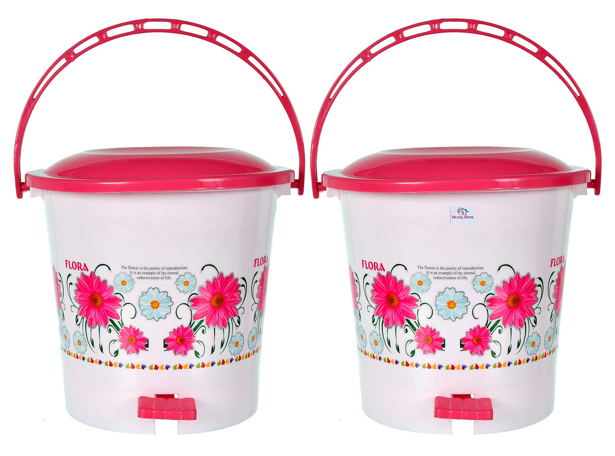 Heart Home Flower Printed Plastic Pedal Dustbin, 5 Ltr (White)- Pack of 2