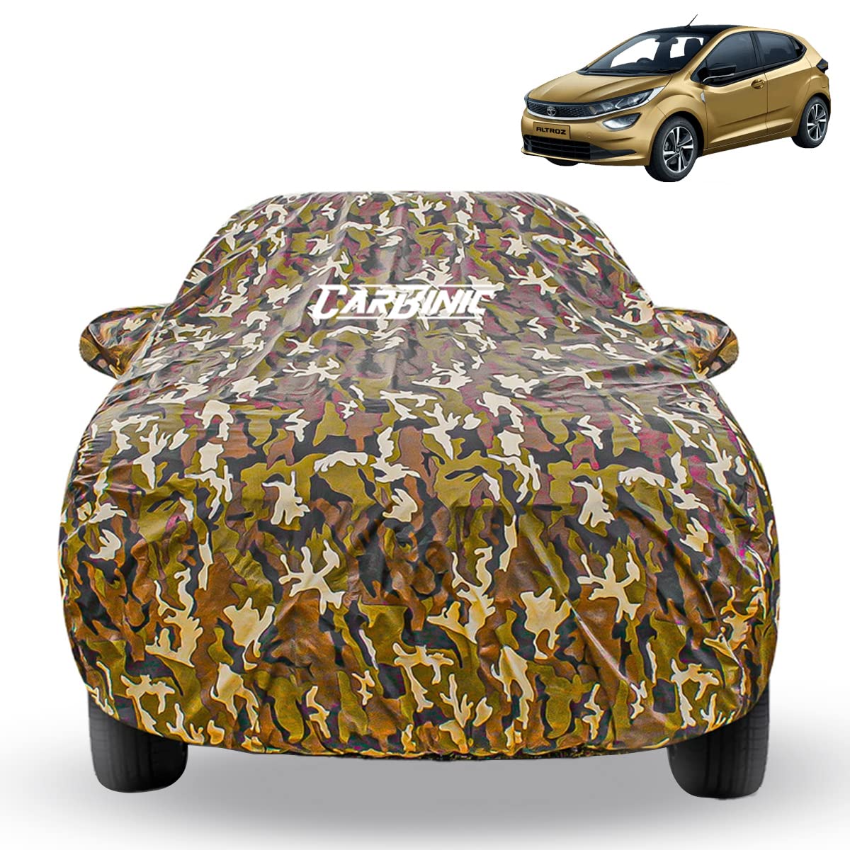 CARBINIC Waterproof Car Body Cover for Tata Altroz 2020 | Dustproof, UV Proof Car Cover | Altroz Car Accessories | Mirror Pockets & Antenna Triple Stitched | Double Layered Soft Cotton Lining, Jungle