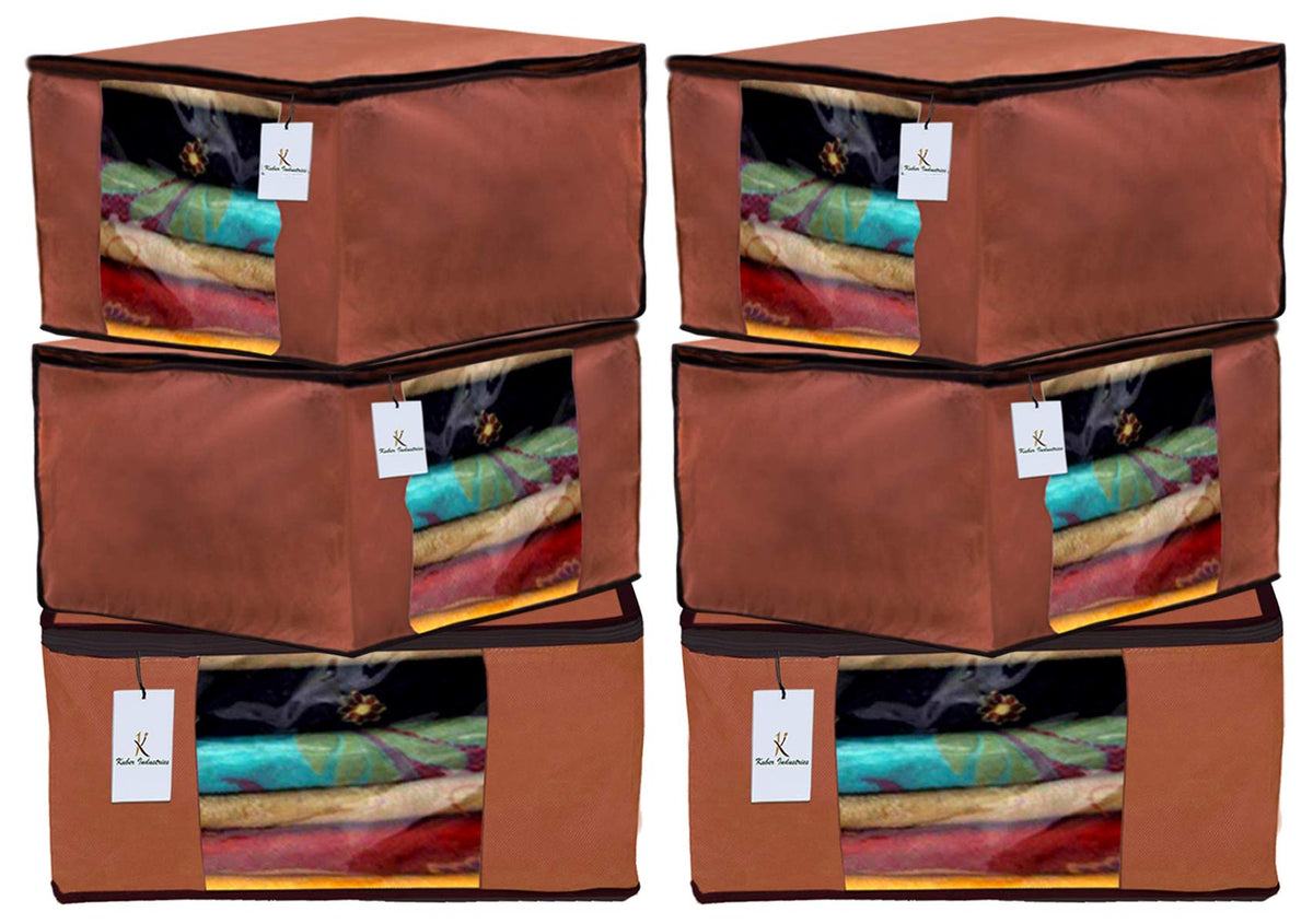 Kuber Industries 6 Pieces Non Woven Fabric Saree Cover/Clothes Organiser for Wardrobe Set with Transparent Window, Extra Large (Brown)-KUBMART2771