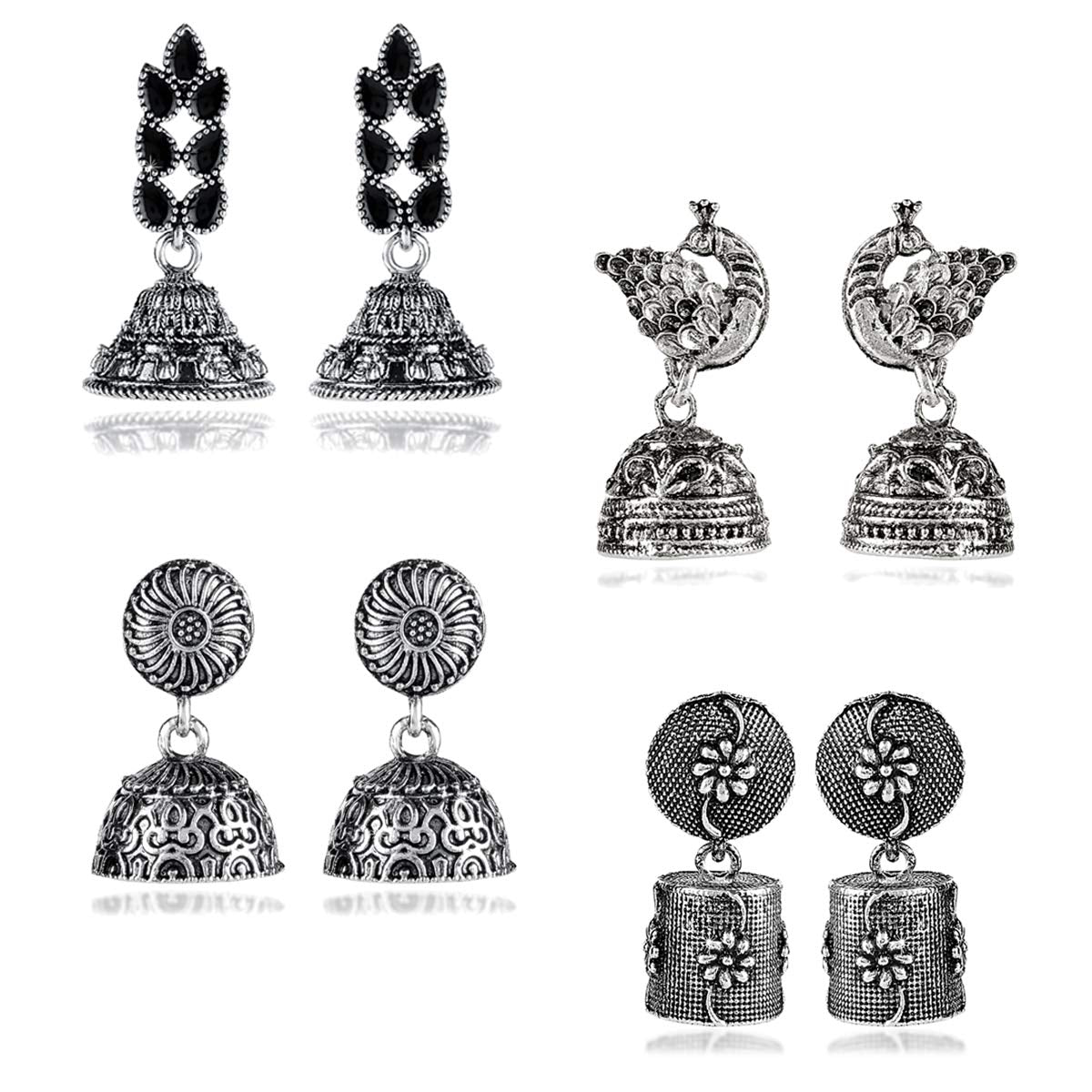 Yellow Chimes Earrings for Women and Girls 4 pcs of Combo Traditional Silver Oxidised Jhumka Earring |German Silver | Floral and Peacock Shaped Jhumki Earrings Combo| Birthday Gift For girls and women Anniversary Gift for Wife