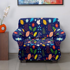 Heart Home Leaf Printed Polyster Stretchable Single Seater Sofa Cover for Home, Office, Hotels with Foam Stick (Blue)-50HH01400