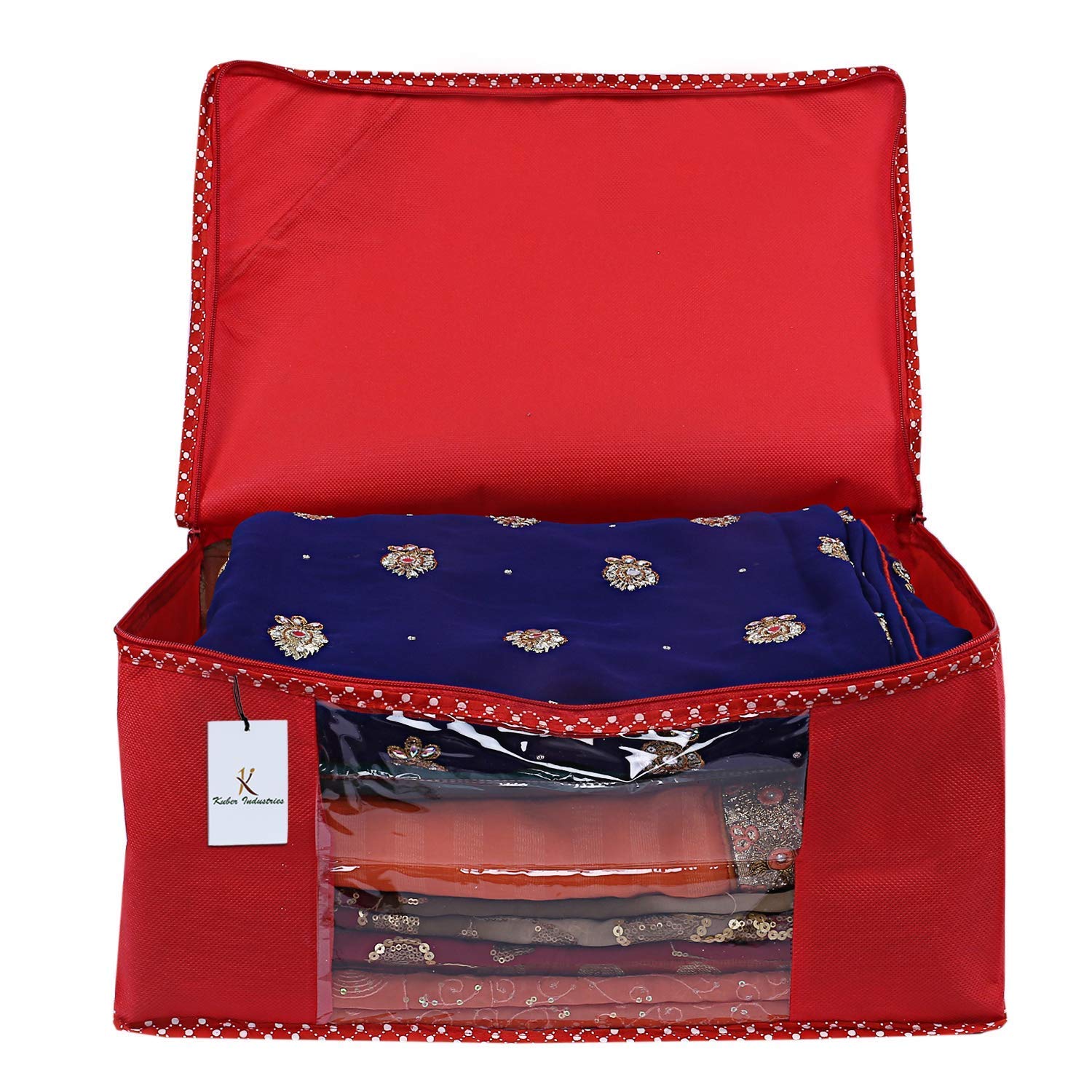 Kuber Industries 3 Piece Non Woven Fabric Saree Cover Set with Transparent Window, Extra Large, Red-CTKTC31880