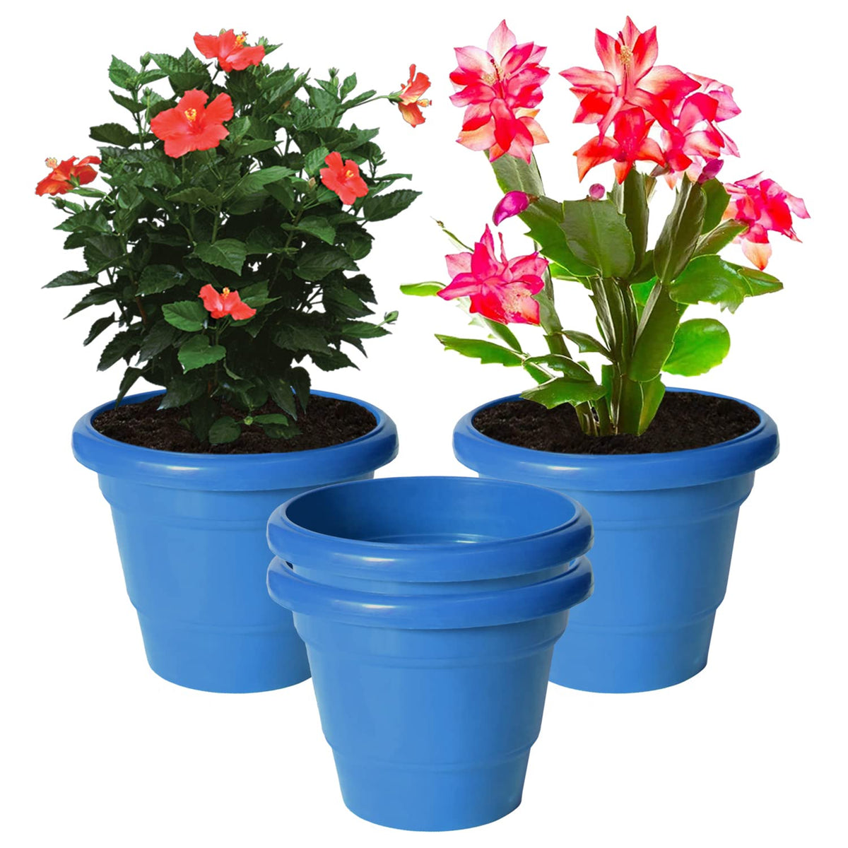 Kuber Industries Solid 2 Layered Plastic Flower Pot|Gamla for Home Decor,Nursery,Balcony,Garden,6"x5",Pack of 4 (Blue)