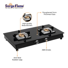 Surya Flame Nexa LPG Gas Stove | Glass Top With Stainless Steel Body | 2 Years Complete Door Step Warranty Including Glass - Black (2 Burner, 2)
