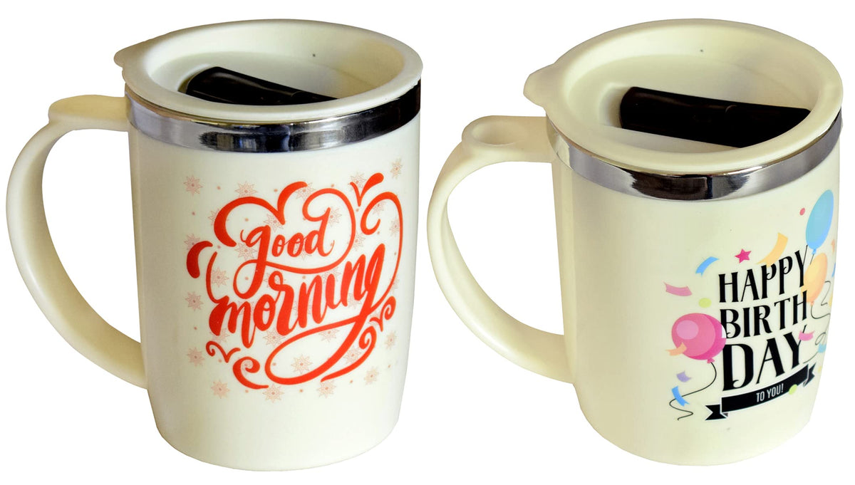 Kuber Industries Insulated BPA Free Plastic Coffee Mug with Lid, Pack of 2 (Cream)