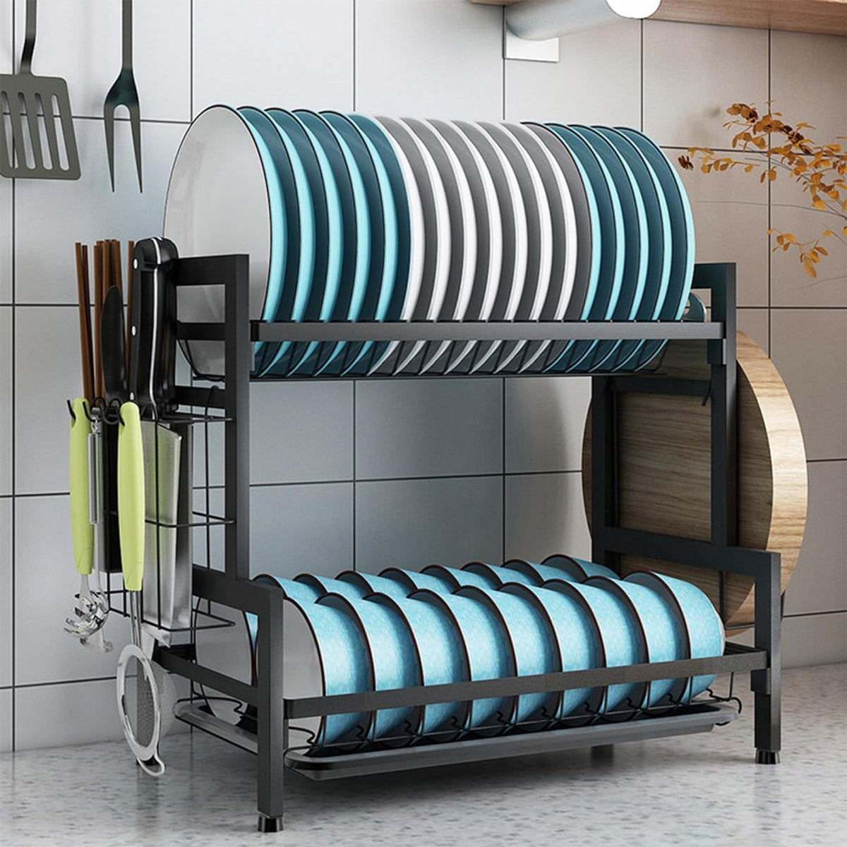 Plantex 2-Layer Dish Drying Rack|Storage Rack for Kitchen Counter|Drainboard & Cutting Board Holder|Premium Utensils Basket|Free Mounting (Black)