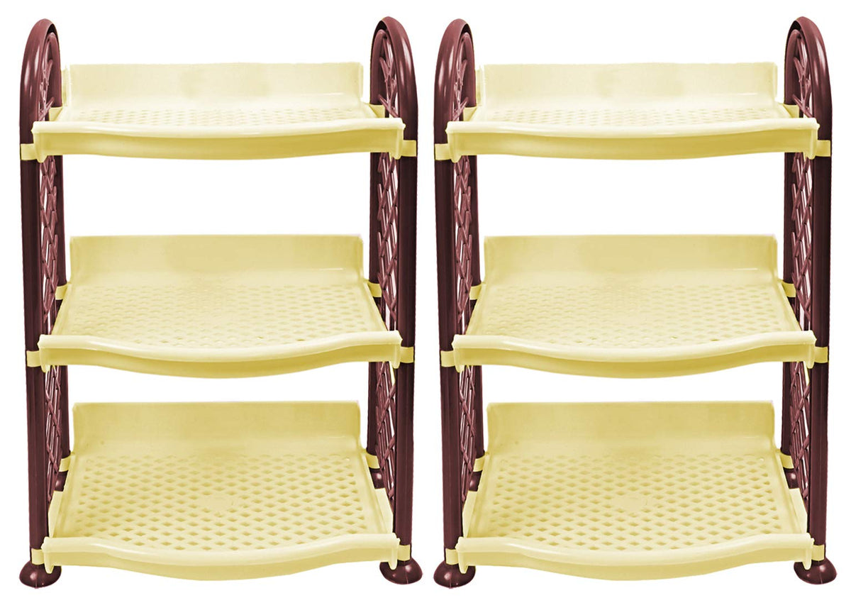 Kuber Industries Plastic 3 Layer 2 Pieces Multipurpose Storage Organizer Rack for Kitchen, Bathroom, Living Room, Bedroom (Brown) CTKTC34187