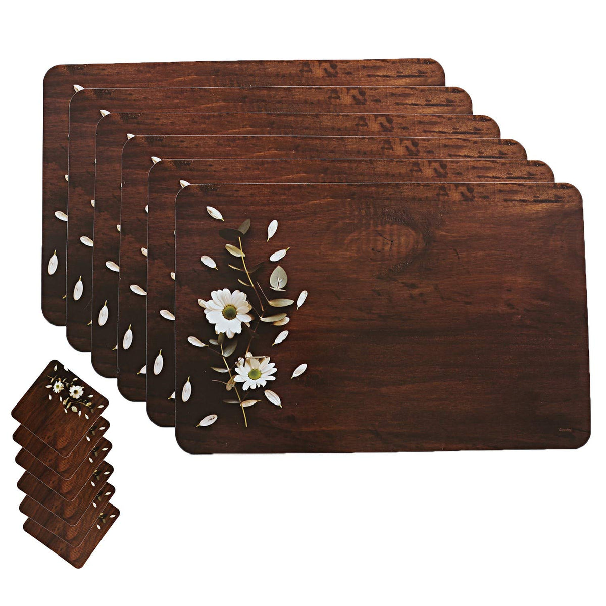 Kuber Industries PVC Wooden Design Table Placemat Set with Tea Coasters|Rectangular Shape & Floral Print|6 Placemat & 6 Tea Coaster, Pack of 12 (Multicolour)