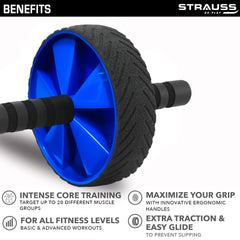 Strauss Home Gym Ab Roller Wheel | Indoor Ab Wheel for Abs Workouts | Ideal For Abdominal Exercise & Core Workouts For Men and Women | Fitness Roller Wheel Equipment with Knee Mat, (Blue)