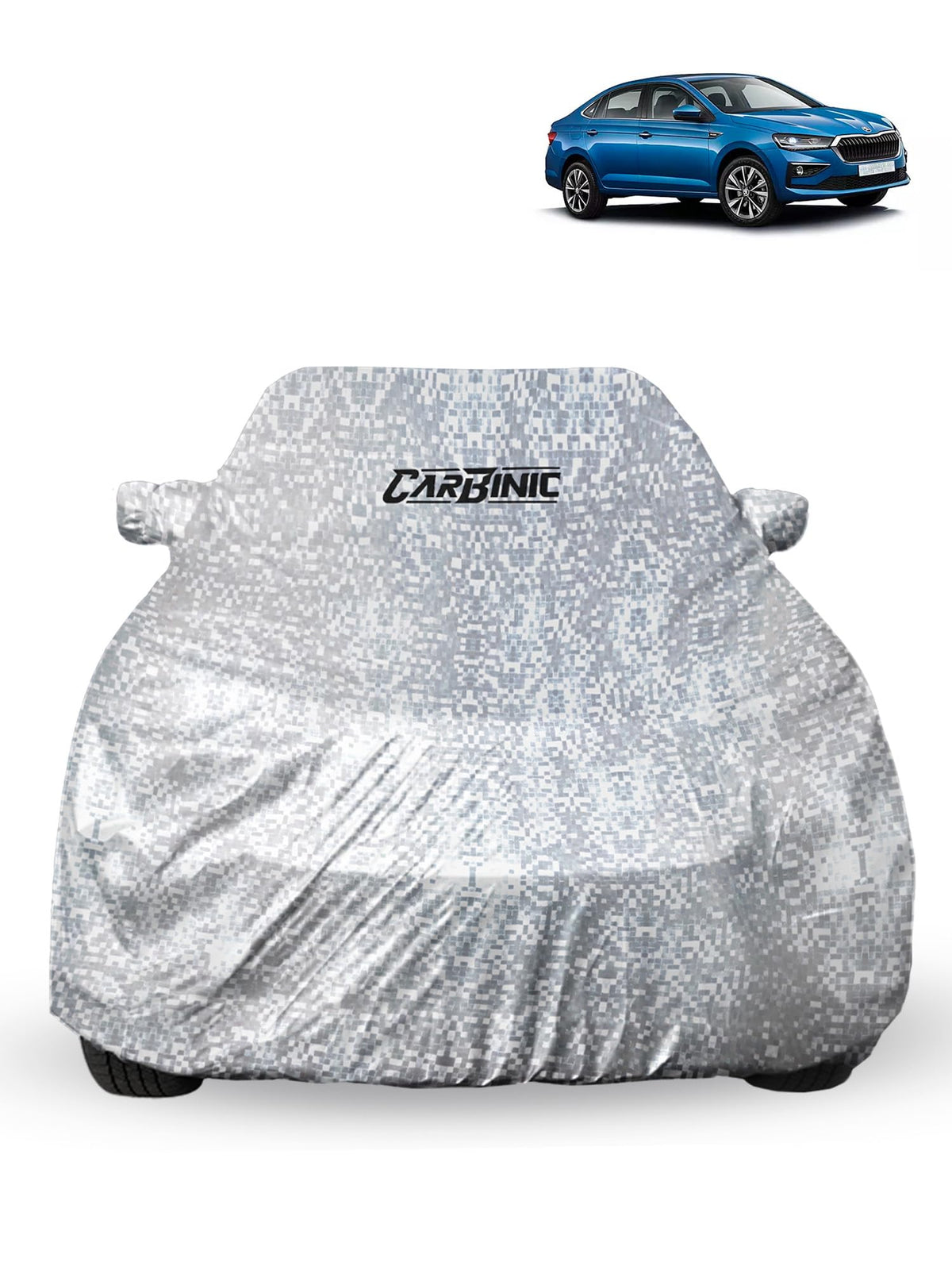 CARBINIC Car Cover for Skoda Slavia2022 Waterproof (Tested) and Dustproof Custom Fit UV Heat Resistant Outdoor Protection with Triple Stitched Fully Elastic Surface | Silver with Pockets