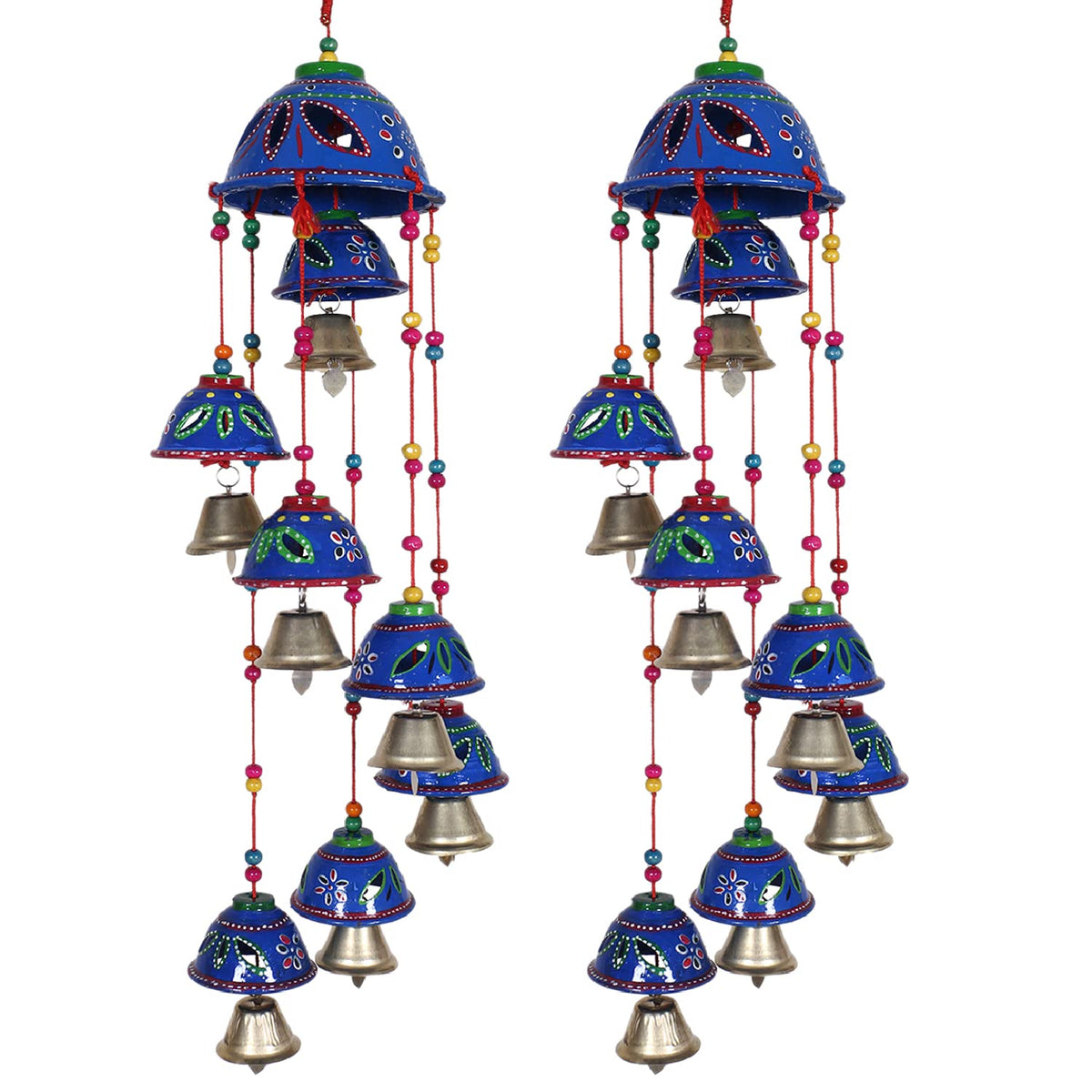 Kuber Industries Rajasthani Design Handcrafted Hanging Windchimes|Latkan with 8 Bells for Home Decor & Positive Energy,Pack of 2 (Blue), Plastic