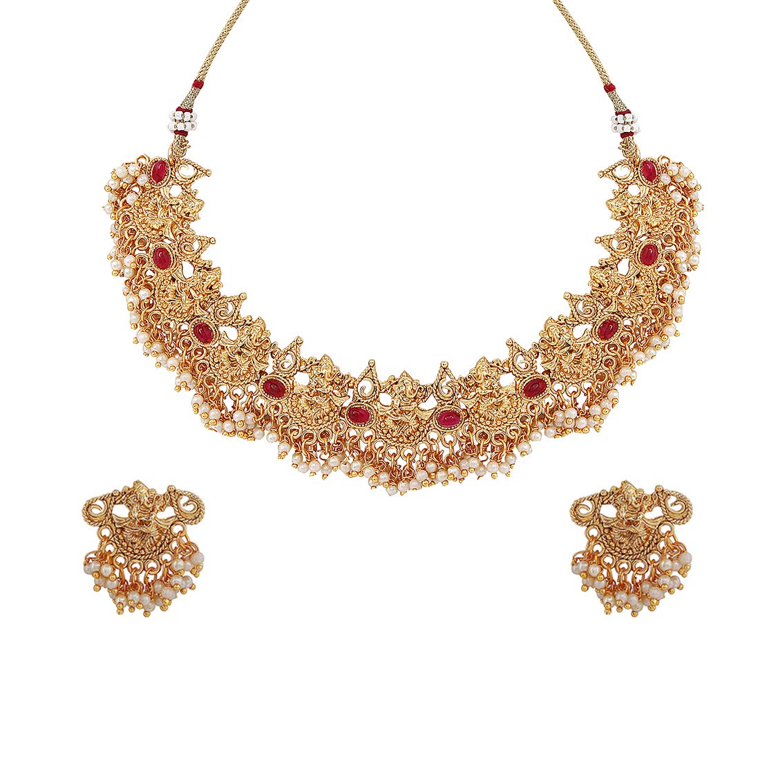 Yellow Chimes Ethnic Gold Plated Studded stone Beads Ganesha Design Jewellery Set Traditional Choker Necklace Set for Women and Girls, medium (YCTJNS-23GANHCK-GL)