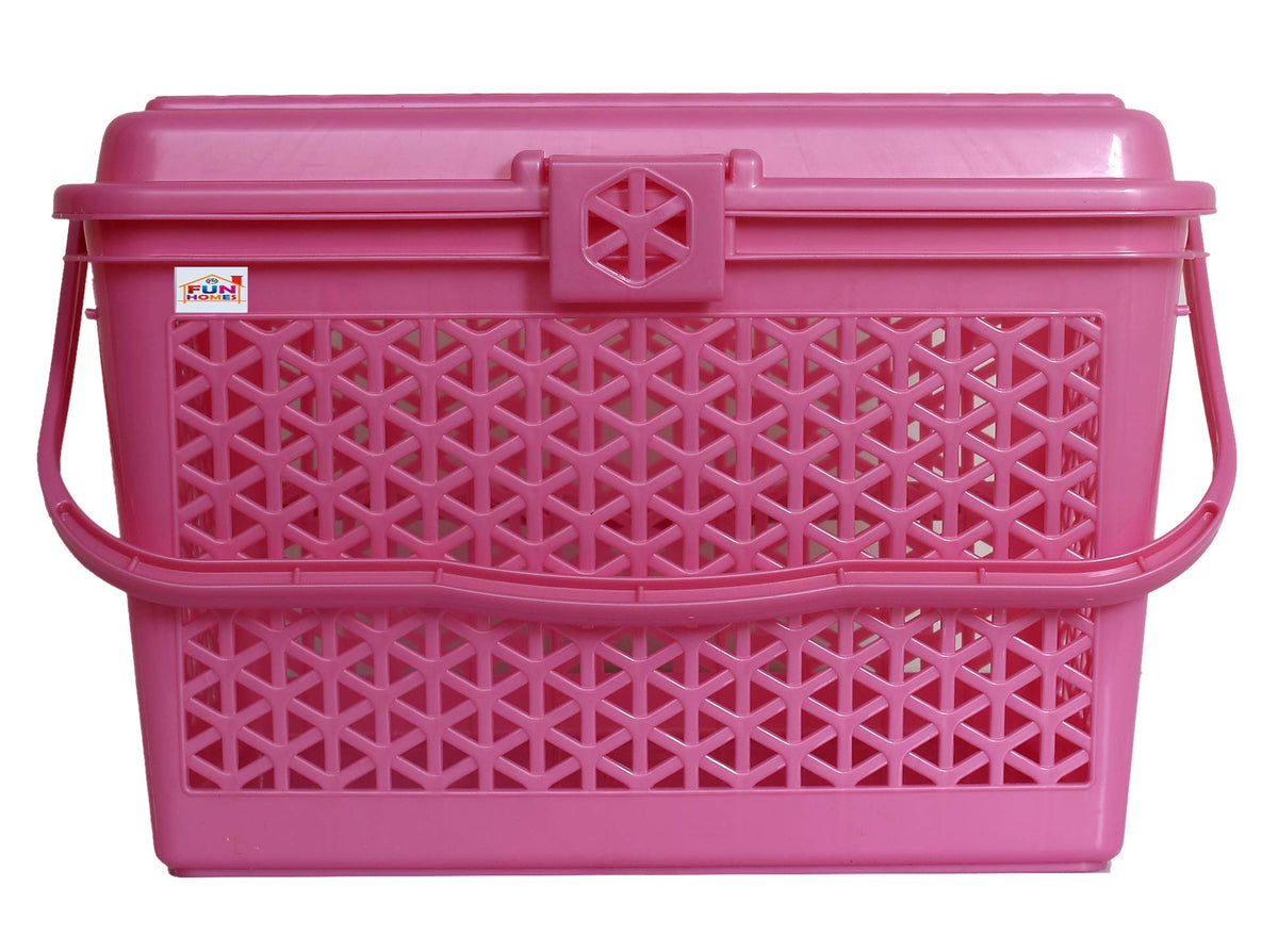 Fun Homes Plastic Multipurpose Trendy Shopping Small Basket with Lid (Pink)