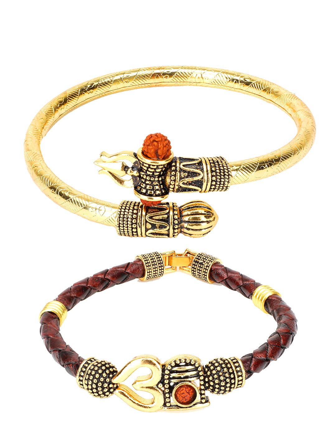Yellow Chimes Combo of Two Oxidized Gold Shiva Trishul Rudraksha Damroo Kada Bracelet Bangle for Men and Boys