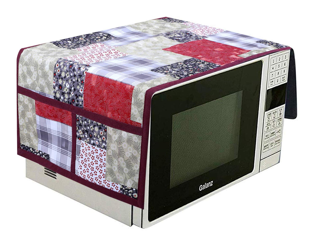 Kuber Industries 3D Checkered Design PVC Microwave Oven Top Cover 30 Liter with Utility 4 Pockets (Maroon) - CTKTC040677