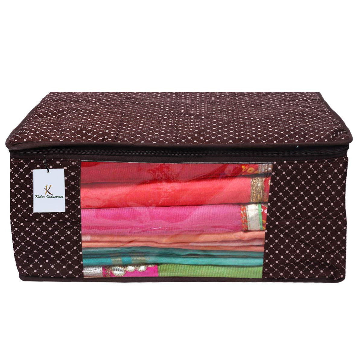 Kuber Industries Polka Dots 1 Piece Cotton 3 Layered Quilted Saree Cover, Brown-CTKTC025829