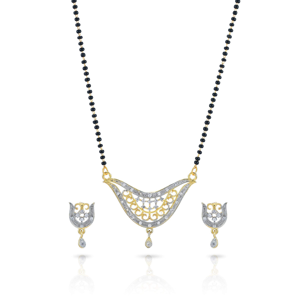 Yellow Chimes Sparkling AD/American Diamond Studded Ethnic Traditional Black Beads Designer Mangalsutra Pendant Set with Earrings for Women