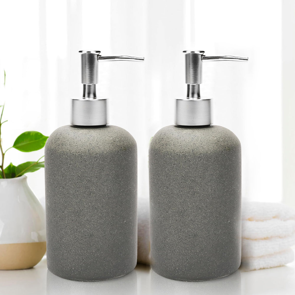 Anko Ceramic, Bamboo & Plastic Soap Dispenser- Set of 2 | Rust-Proof, Leak-Proof, Moisture-Resistant | Matte Finish, Easy to Clean (White Shell)