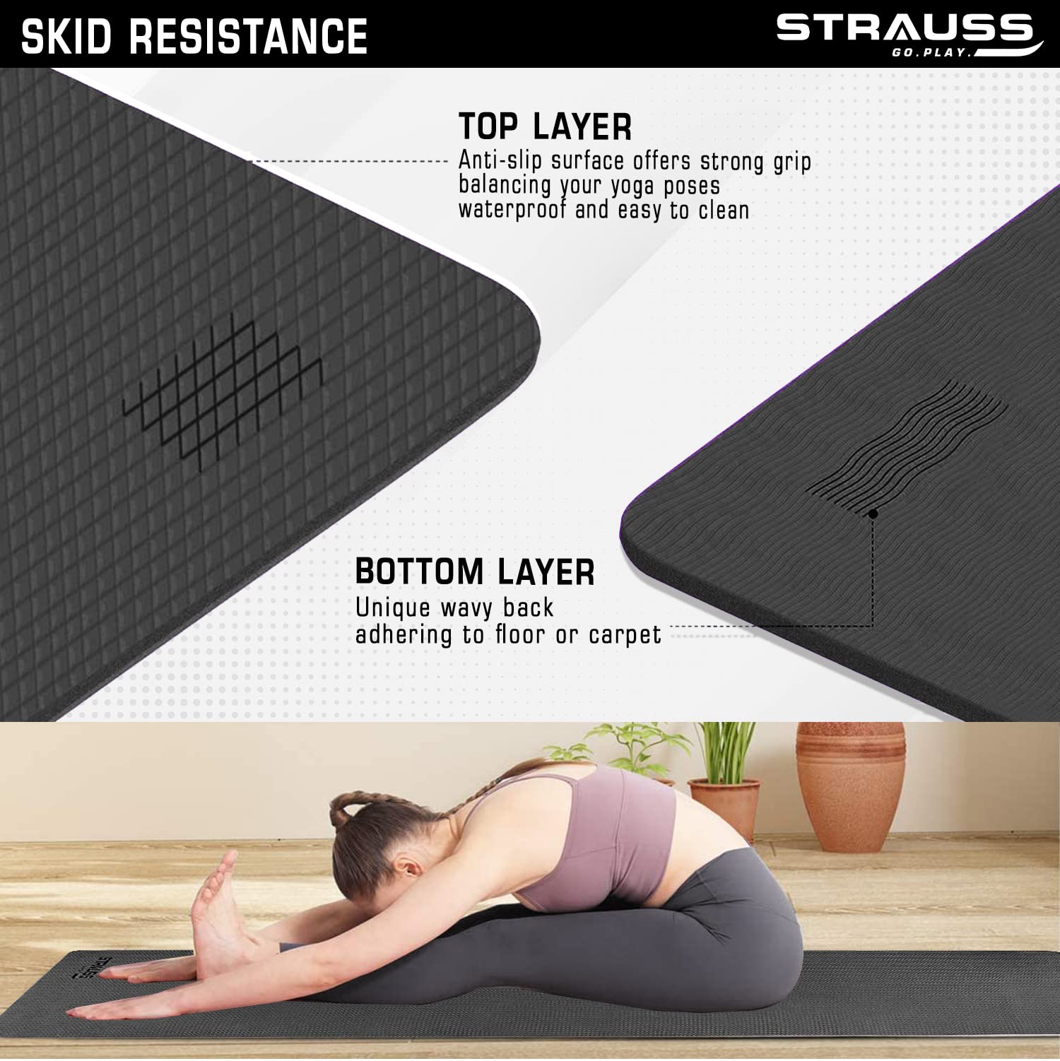 Strauss Anti Skid EVA Yoga Mat with Carry Strap, 8mm, (Black) – GlobalBees  Shop