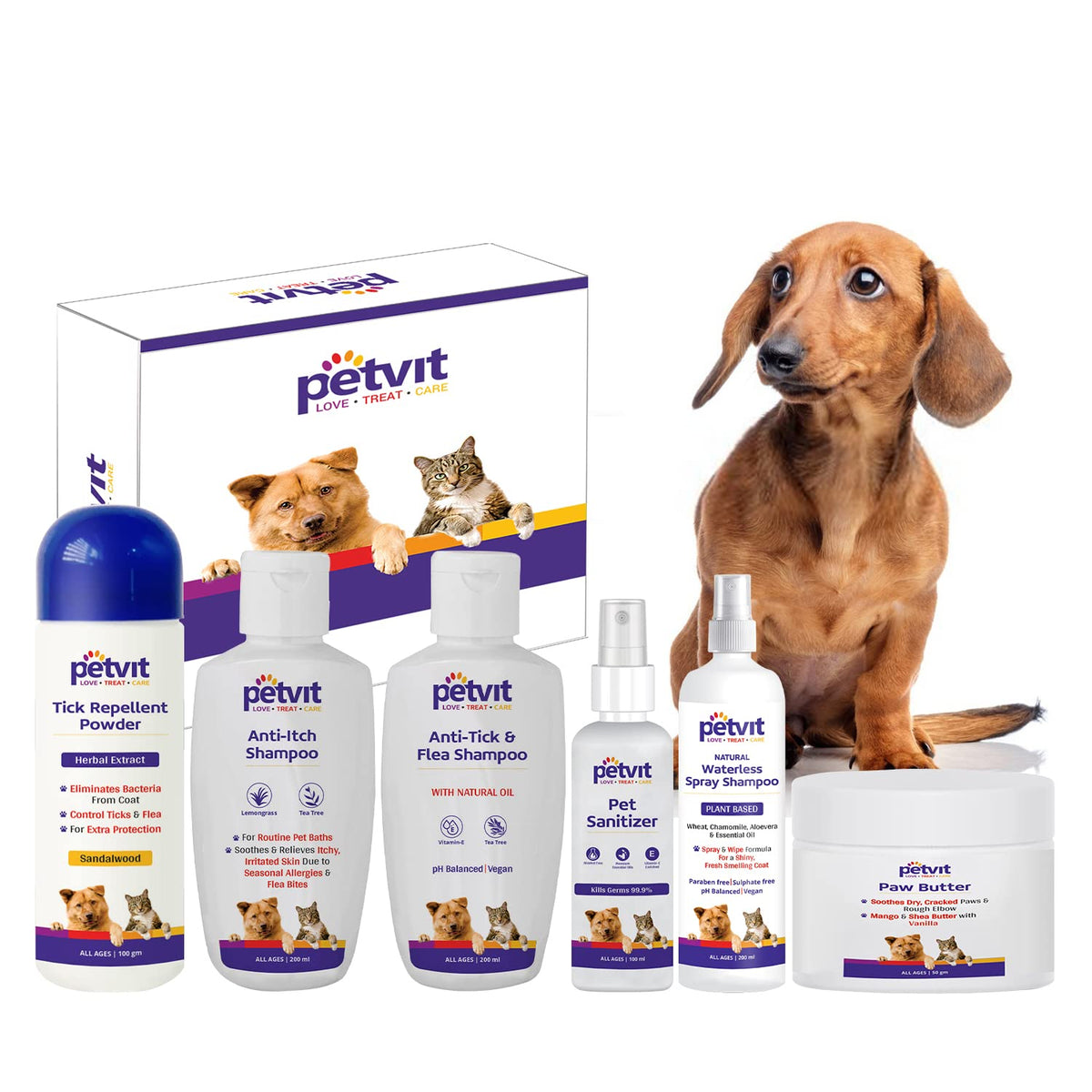 Petvit Dachshund Grooming Combo 6 in 1 from Head to Tail for Your Dog Natural Waterless Shampoo + Anti-Itch Shampoo + Paw Butter + Anti-Tick & flea Shampoo + Pet Sanitizer + Tick Repellent Powder