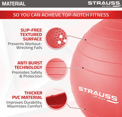 STRAUSS Anti-Burst Rubber Gym Ball with Free Foot Pump | Round Shape Swiss Ball for Exercise, Workout, Yoga, Pregnancy, Birthing, Balance & Stability, 55 cm, (Red)