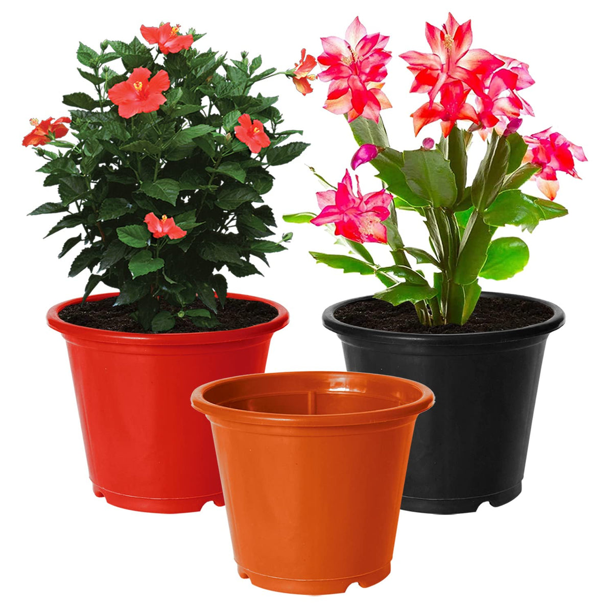 Kuber Industries Plastic Planters|Gamla|Flower Pots for Garden Nursery Home Décor,8"x6",Pack of 3 (Red,Black,Orange)