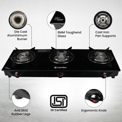 Candes Toughened Glass Manual Gas Stove | 3 Die Cast Alloy Tornado Burner | LPG Compatible | Doorstep Service | ISI Certified | 1 Year Warranty