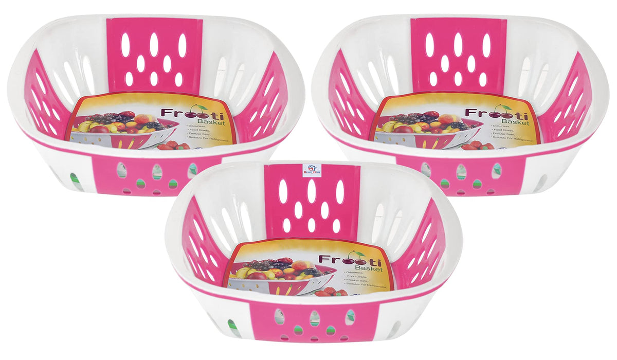 Heart Home Large Plastic Fruit, vegetable Storage Basket- Pack of 3 (Pink)-HS42KUBMART25361