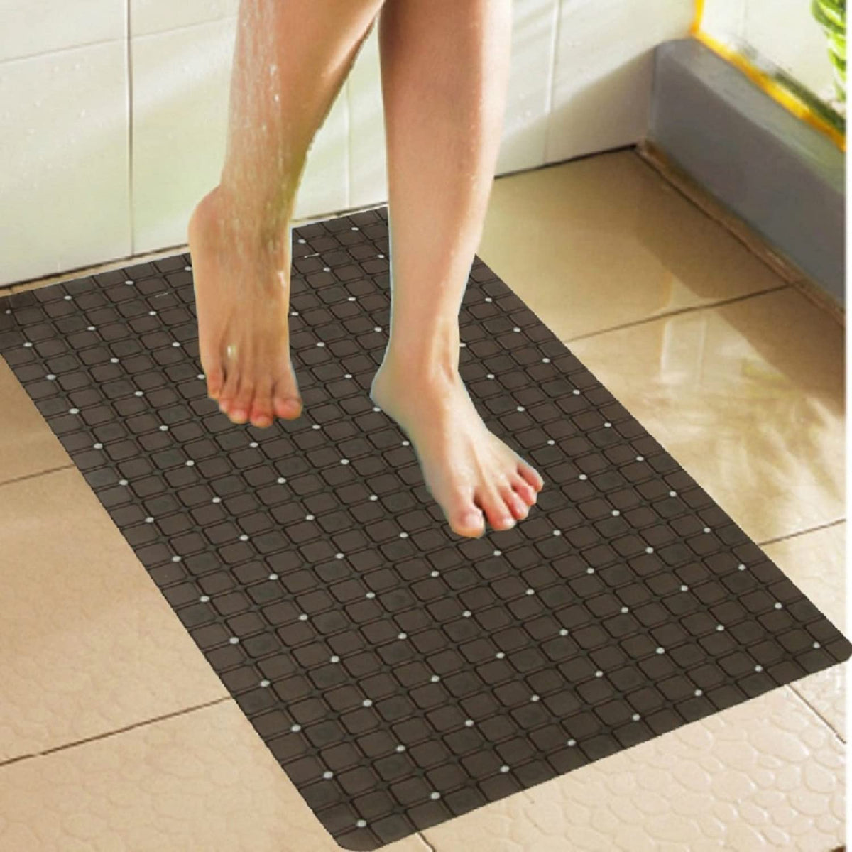 Kuber Industries Leather Checkered Design Non Slip Bathroom Mat with Suction Cups (White)