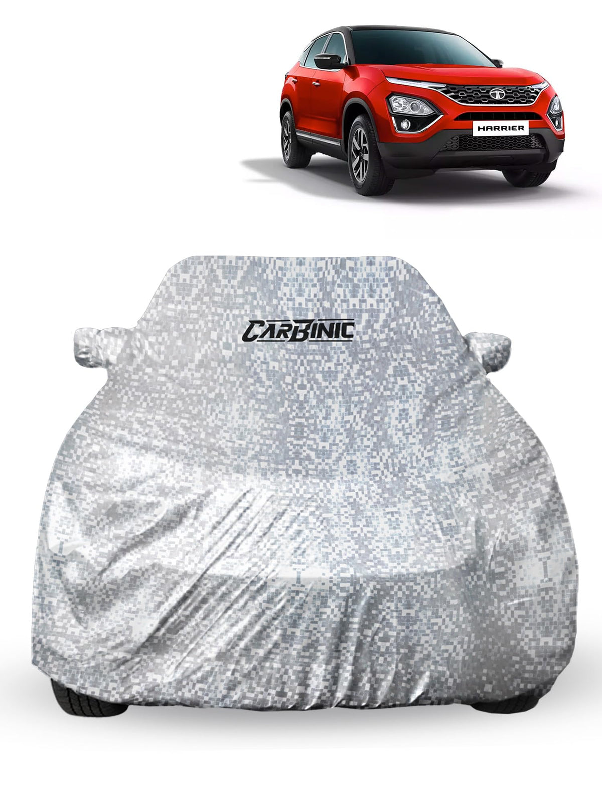 CARBINIC Car Cover for Tata Harrier2019 Waterproof (Tested) and Dustproof Custom Fit UV Heat Resistant Outdoor Protection with Triple Stitched Fully Elastic Surface | Silver with Pockets