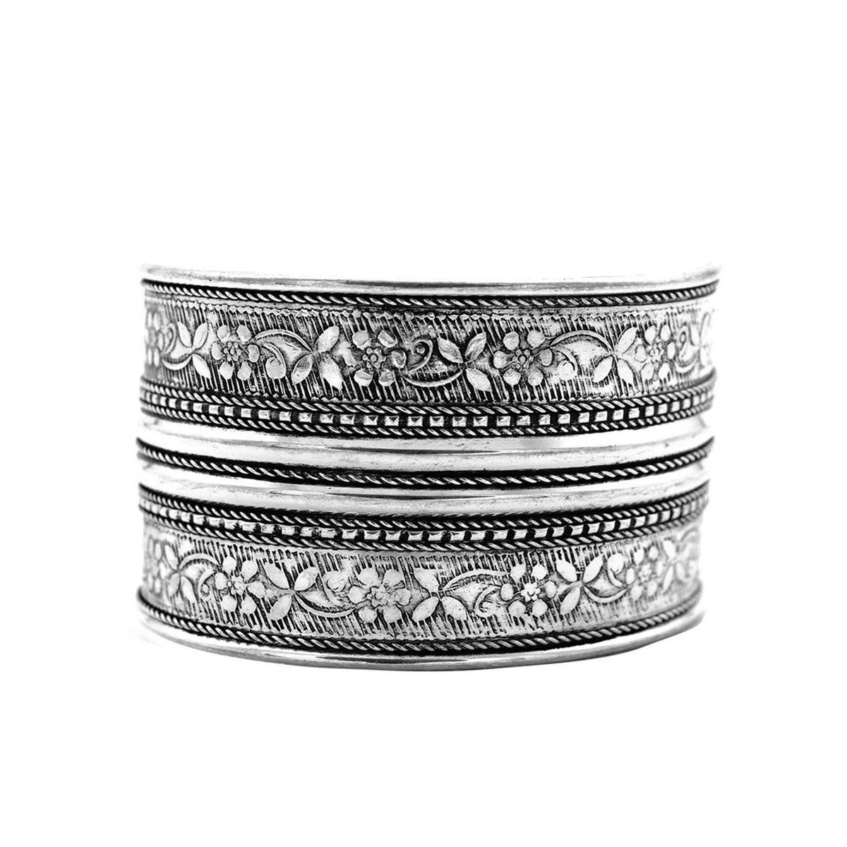 TEEJH Raksha Floral Embossed Silver Oxidized Cuff for Women