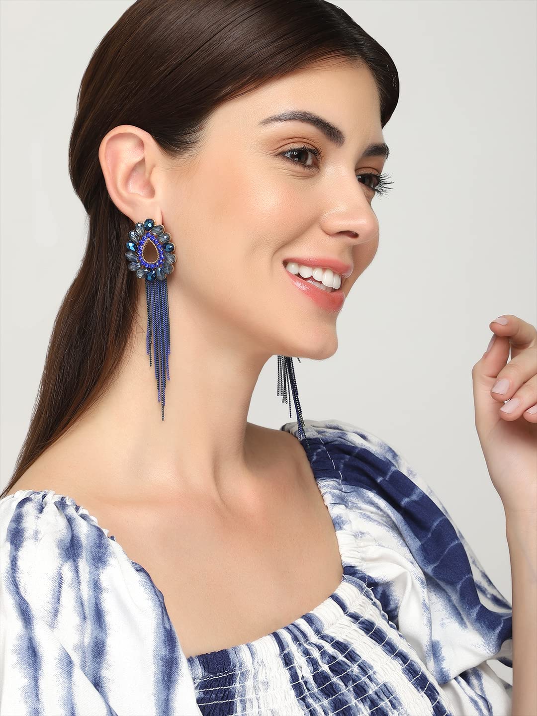 Yellow Chimes Crystal Danglers Earrings for Women Tear Drop Shaped Crystal Blue Long Chain Dangler Earrings for Women and Girls