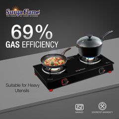Surya Flame Smart Gas Stove 2 Burner Glass Top chulha Black Manual Ignition LPG Stove With ISI Certified Rust Free Body - 2 Years Complete Doorstep Warranty Including Glass