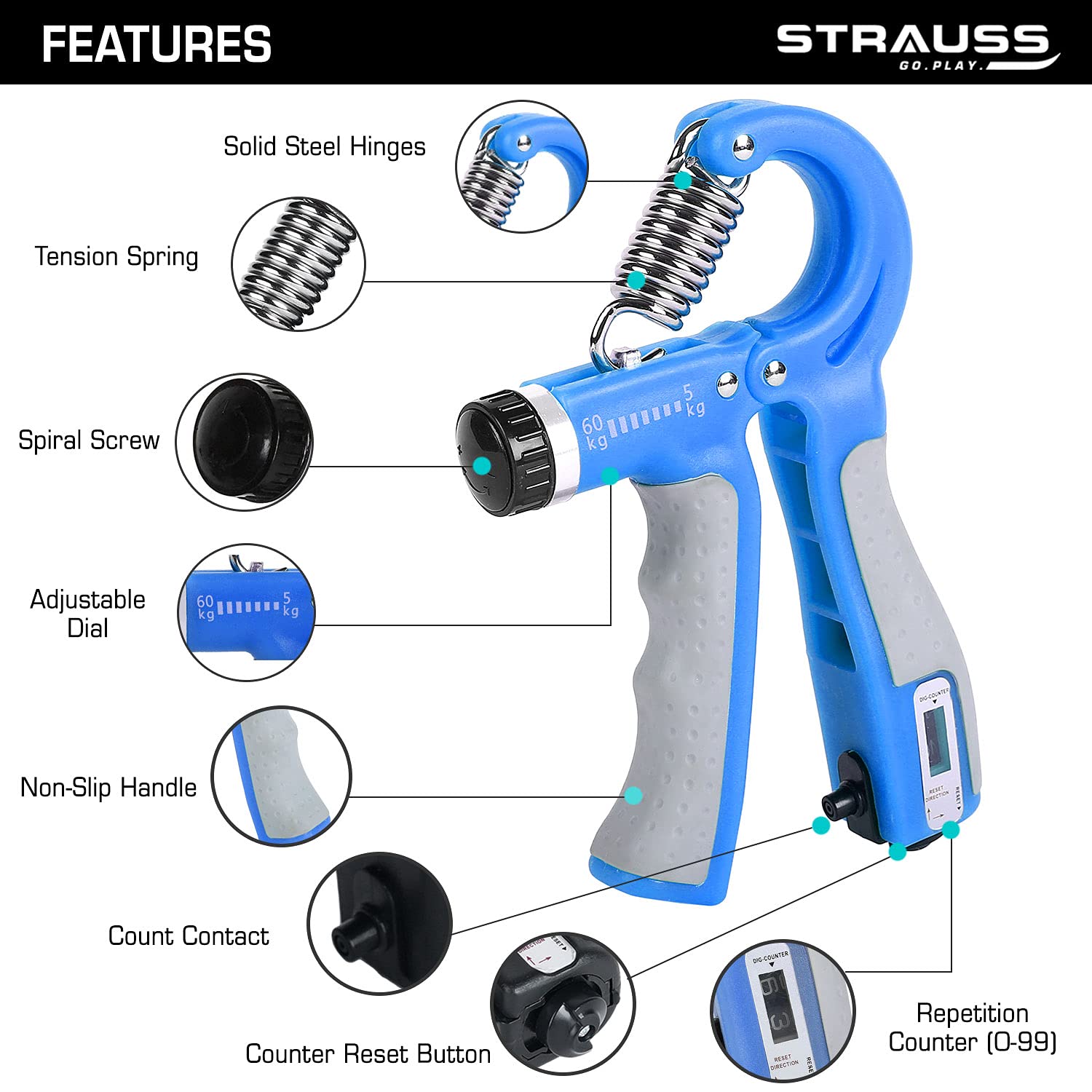 Strauss Adjustable Hand Grip with Smart Counter | Adjustable Resistance (10KG - 60KG) | Hand/Power Gripper for Home & Gym Workouts | Perfect for Finger & Forearm Hand Exercises & Strength Building for Men & Women (Blue)