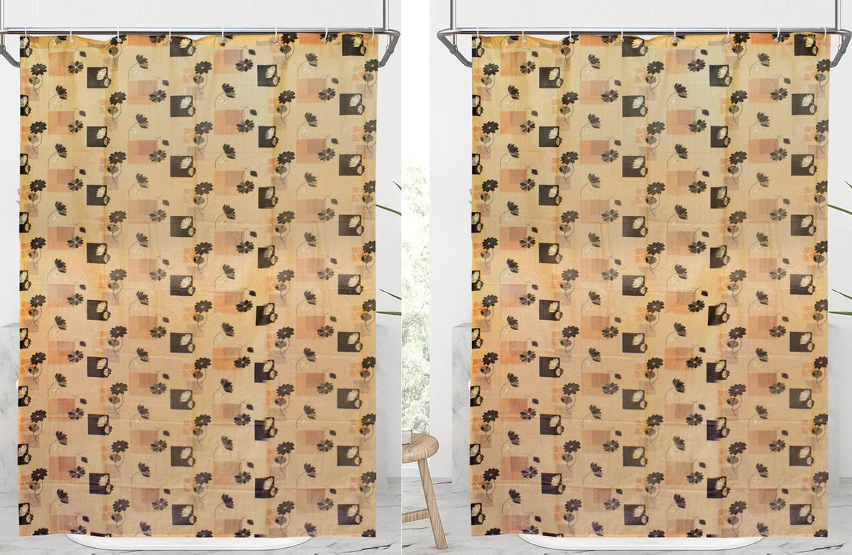 Heart Home Flower Printed PVC AC/Shower Curtain with Hooks,7 Feet- Pack of 2 (Golden)
