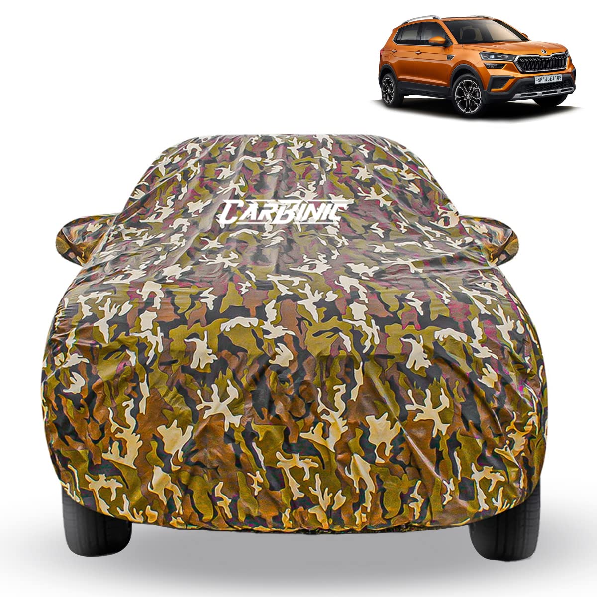 CARBINIC Waterproof Car Body Cover for Skoda Kushaq 2021 | Dustproof, UV Proof Car Cover | Kushaq Car Accessories | Mirror Pockets & Antenna Triple Stitched | Double Layered Soft Cotton Lining, Jungle