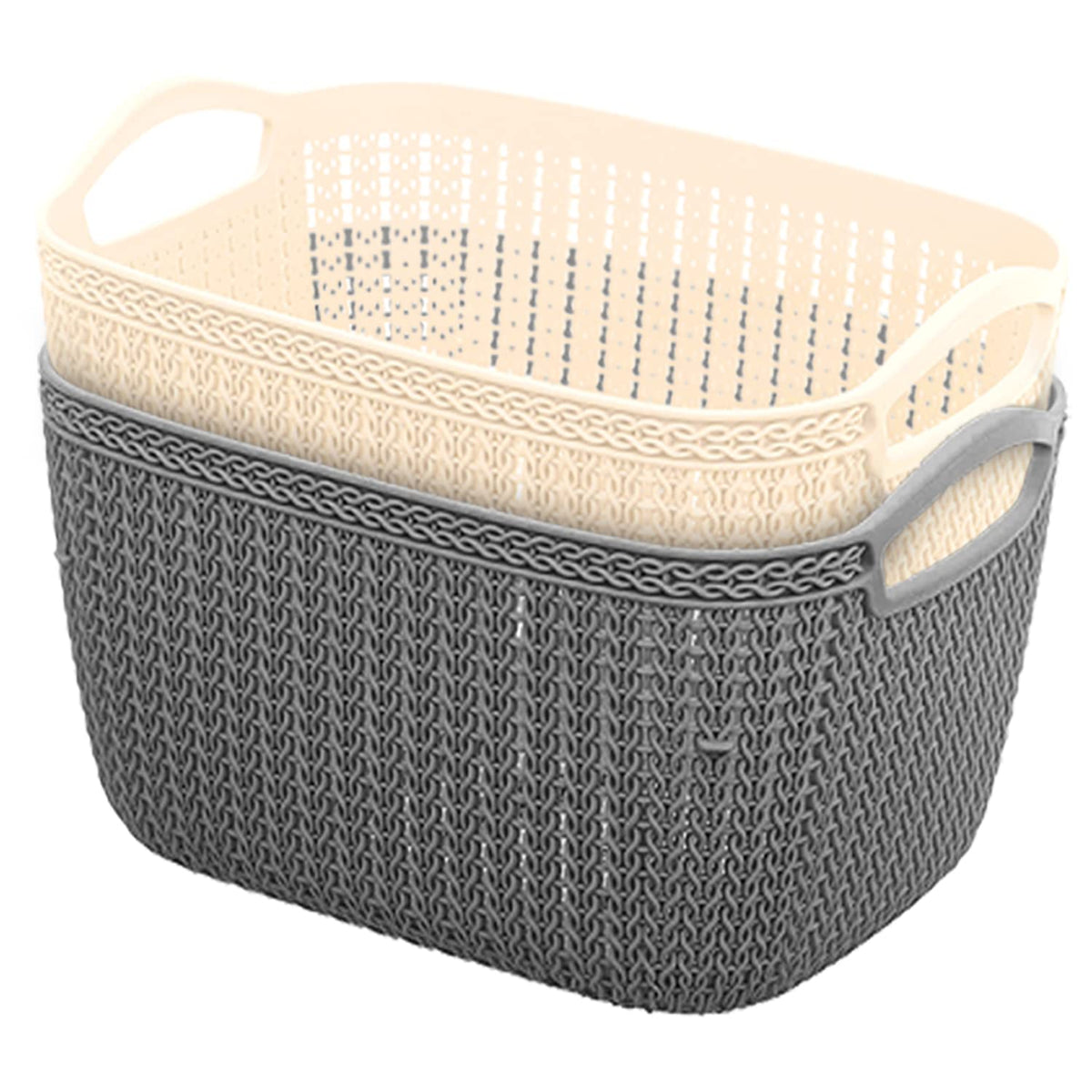 Heart Home Q-6 Multiuses Designer Unbreakable Plastic Storage Basket/Organizer/Bin For Home, Kitchen, Bathroom, Office Use Pack of 2 (Grey & Beach)-50HH01681