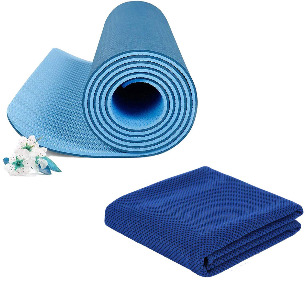 Strauss TPE Eco Friendly Dual Layer Yoga Mat, 6mm (Blue) and Cooling Towel, 80 cm, (Blue)