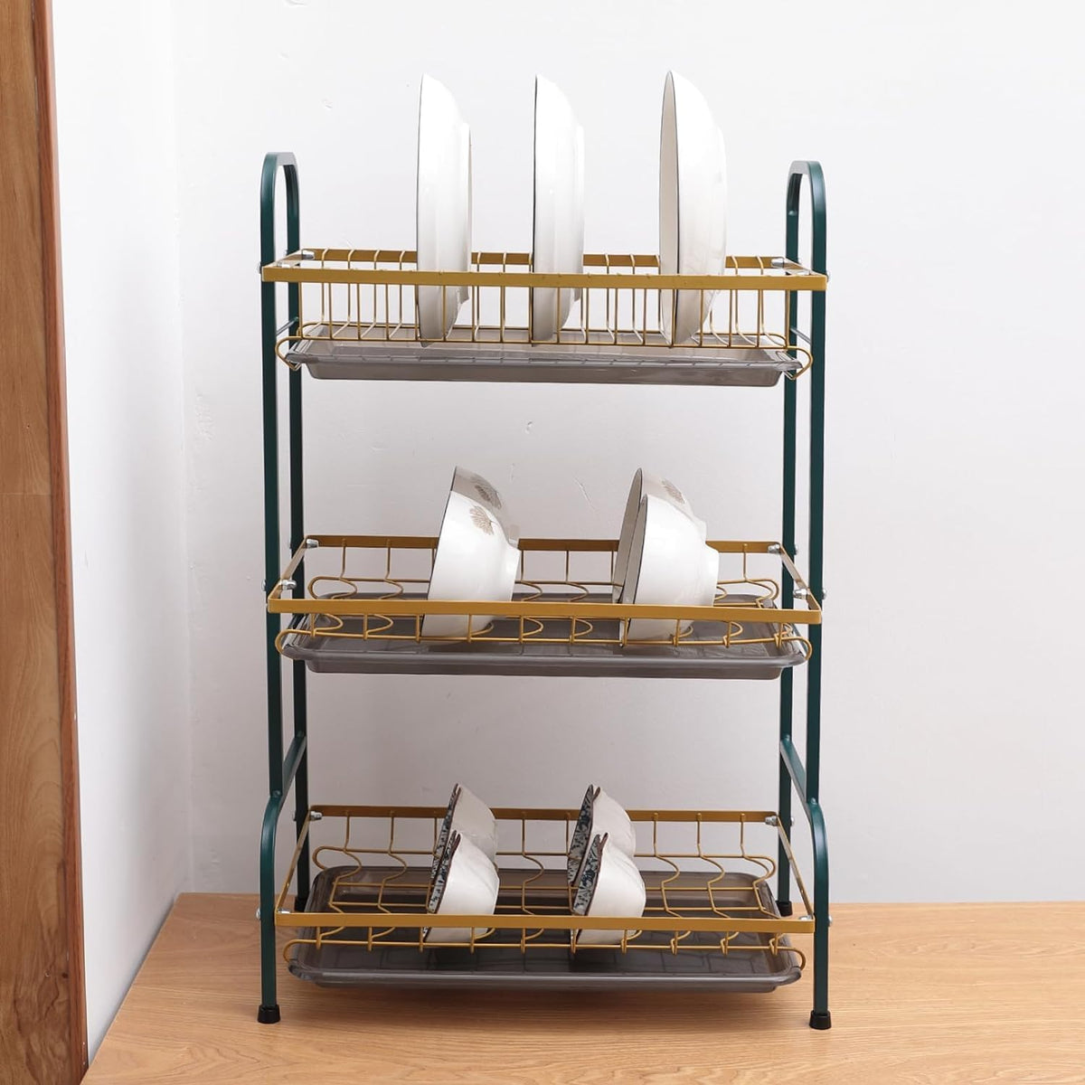 Plantex 3-Layer Dish Drying Rack|Storage Rack for Kitchen Counter|Drainboard & Cutting Board Holder|Premium Utensils Basket (Dark Green & Gold)