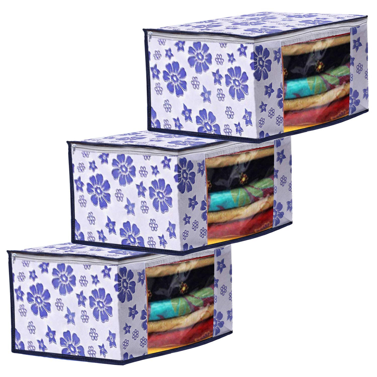 Kuber Industries Flower Design 3 Piece Non Woven Fabric Saree Cover Set with Transparent Window, Extra Large, Royal Blue-CTKTC031940