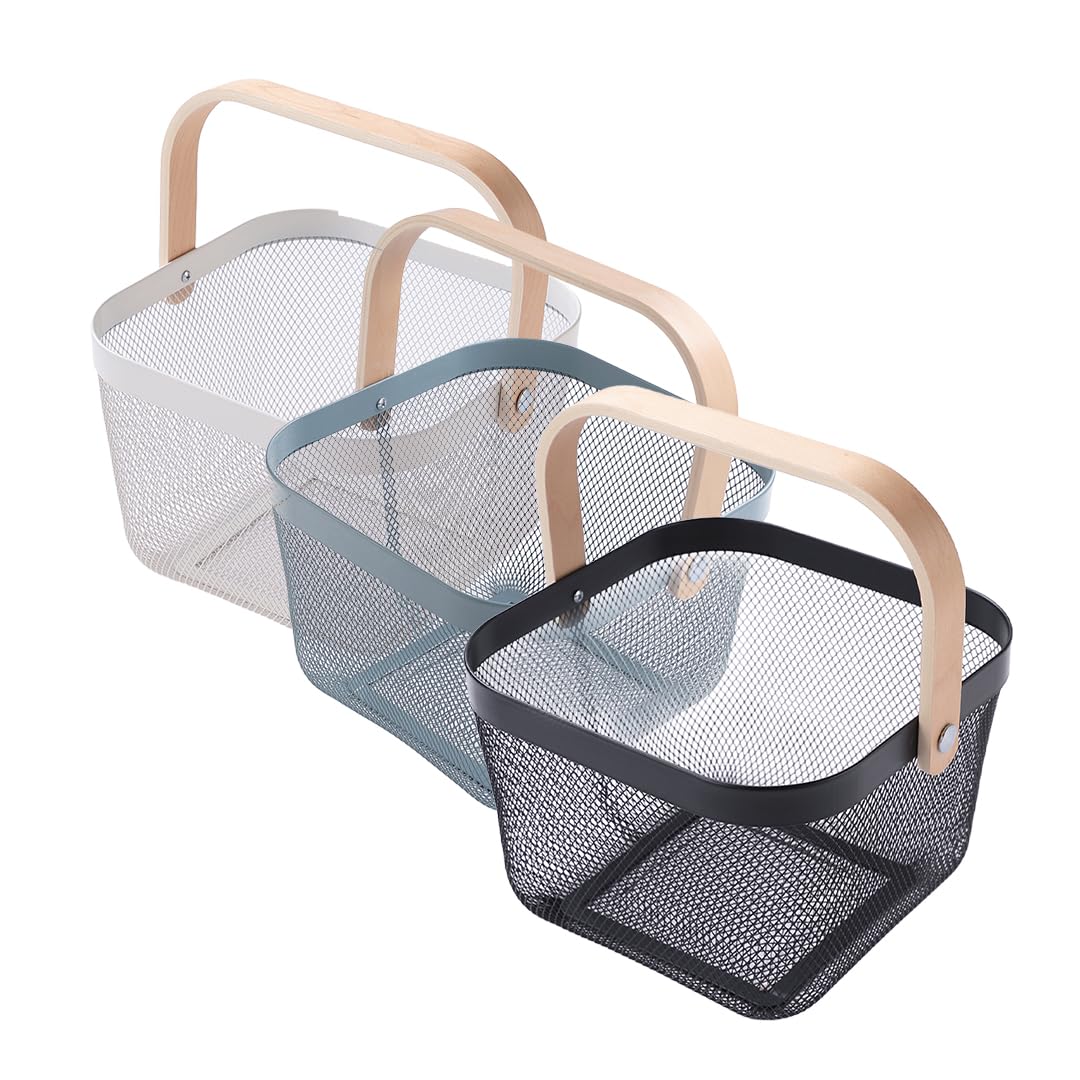 UMAI Metal Mesh Basket - Multipurpose Storage Organizer, Fruit Basket, and Picnic Basket for Kitchen and Home - Ideal Basket for Storage and Organization (White-Blue-Black) Pack of 3