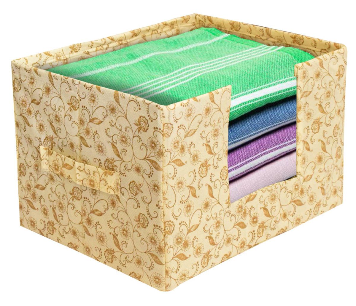 Heart Home Metallic Flower Printed Non-Woven Foldable Saree Stacker, Wardrobe Organizer, Storage Bin With Handle (Ivory)-HS43HEARTH26366