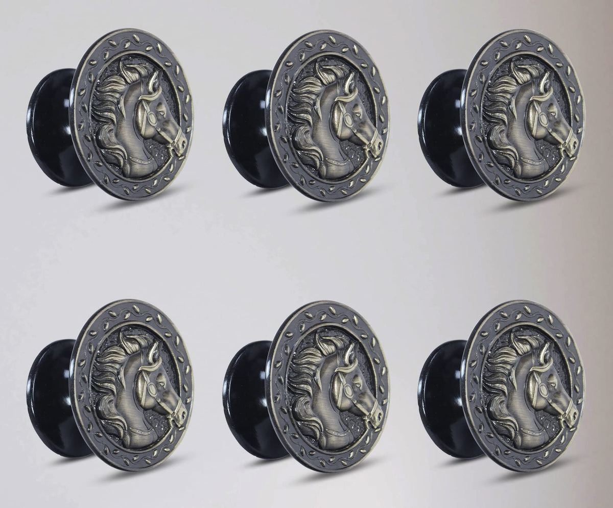 Plantex Horse Face Brass-Antique Cabinet Round Drawer Pulls and Knobs Handle - Pack of 6 Pieces