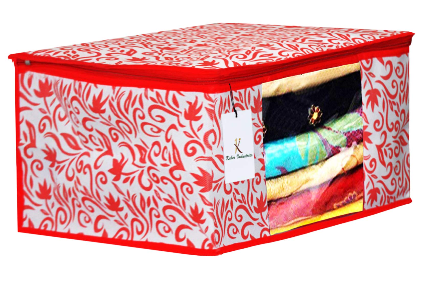 Kuber Industries Leaf Design 12 Piece Non Woven Fabric Saree Cover Set with Transparent Window, Extra Large, Red-CTKTC31919