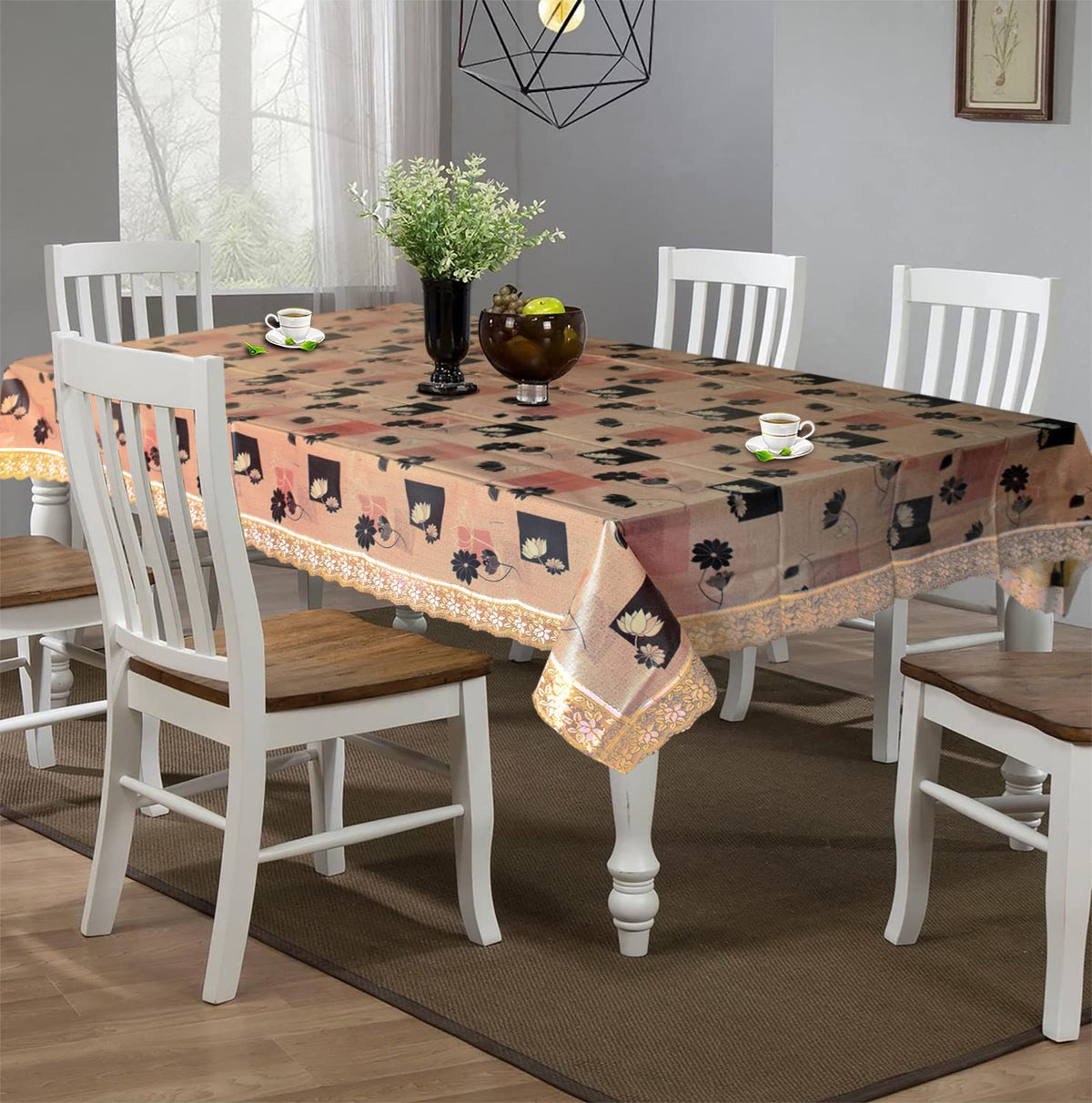 Kuber Industries Flower Printed PVC 6 Seater Dinning Table Cover, Protector with Gold Lace Border, 60"x90" (Golden)