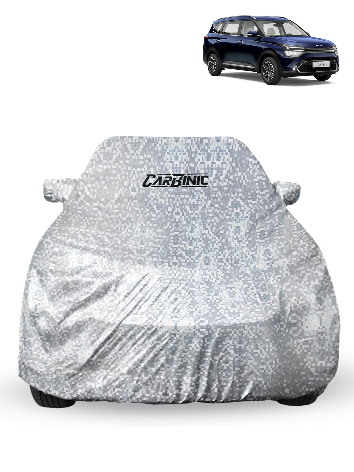 CARBINIC Car Cover for KIA Carens (6 Seater) 2022 Waterproof (Tested) and Dustproof Custom Fit UV Heat Resistant Outdoor Protection with Triple Stitched Fully Elastic Surface | Silver with Pockets